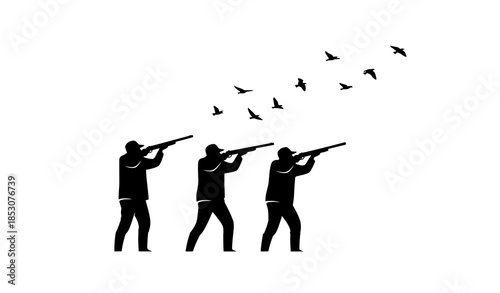Minimal hunting silhouette vector art showing three armed hunters aiming at flying birds