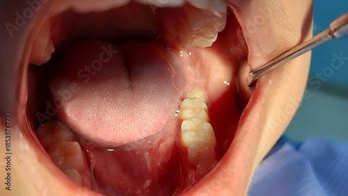 Fotografie Close-up intraoral photograph showing an impacted tooth before extraction procedure, highlighting dental anatomy, oral surgery preparation, and clinical conditions in a medical setting