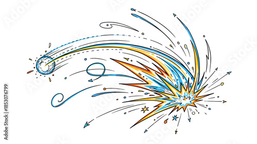 Vibrant abstract illustration of dynamic swirling lines and shapes in blue, orange, and black against a white background