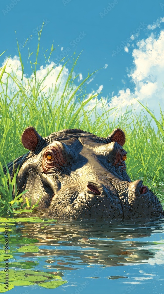 Fototapeta premium Close up of a hippo partially submerged in water with lush green vegetation