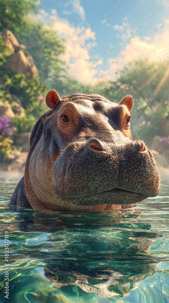 Fototapeta premium Close up of a hippo in water with vibrant sky and sunlight