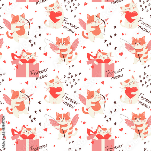 Valentine seamless pattern with cute cartoon cats, hearts and romantic lettering. Playful love themed vector illustration for cards, posters, wrapping paper, textiles Festive holiday design