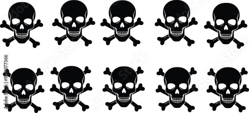 Set of ten menacing skull and crossbones symbols in black vector silhouette, representing warning, danger, poison, pirate themes, and death or mortality concepts
