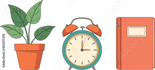 Home and office objects set with potted plant alarm clock and notebook representing daily routine lifestyle flat vector illustration