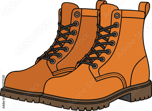 Pair of brown leather hiking boots illustration representing outdoor footwear trekking adventure and rugged fashion flat vector design