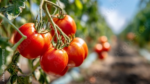 Ripening red tomatoes hang on vine inside greenhouse, blurred background