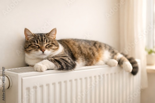 Cat resting on radiator at home cozy winter lifestyle photo