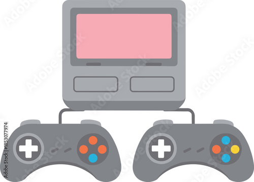 Retro video game console with two controllers representing classic gaming entertainment nostalgia and old school technology flat vector illustration