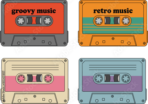 Retro cassette tape collection with colorful vintage music audio cartridges representing analog sound nostalgia and classic flat vector illustration