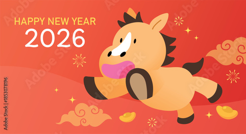 Happy chinese new year of the horse 2026 greetings style. Cute zodiac horse in cartoon style with gold sycee ingots decorations.