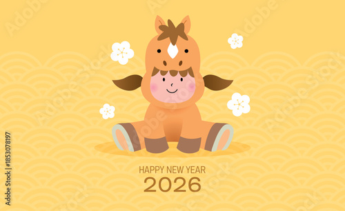 Cute child in a zodiac horse costume for chinese new year of the horse 2026 celebration.