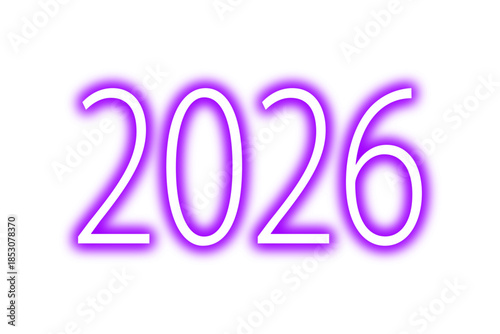2026 new year typography with purple neon glow. Glowing 2026 new year text with futuristic shining neon or laser effect for new year greeting card, background or display mockup. Vector illustration.