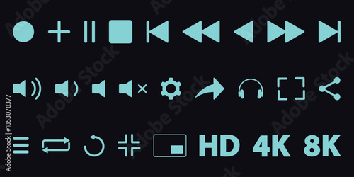 Modern teal media player and user interface icons set for digital applications