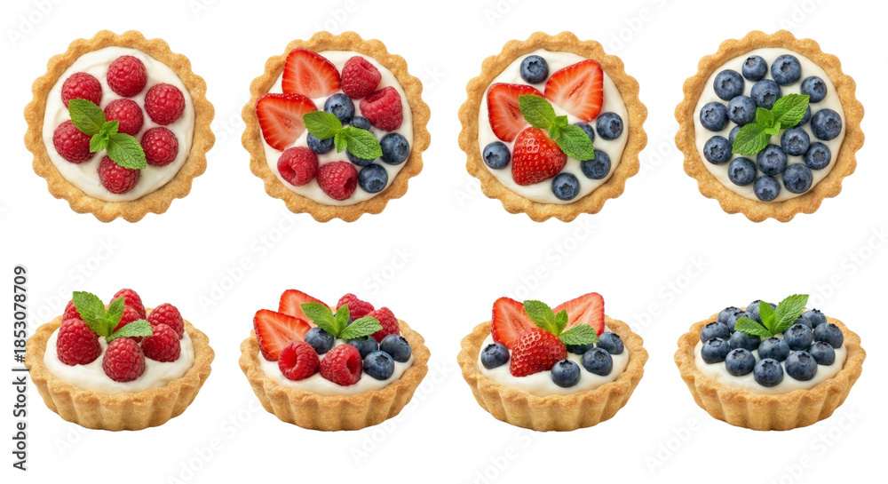 Fototapeta premium assorted fruit tartlets with fresh berries and mint isolated on transparent background