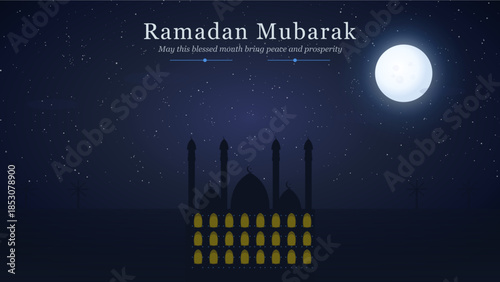 Ramadan mubarak greeting card with mosque and moon on dark blue night sky background