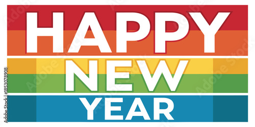 Vibrant Happy New Year celebration with rainbow colors and bold text