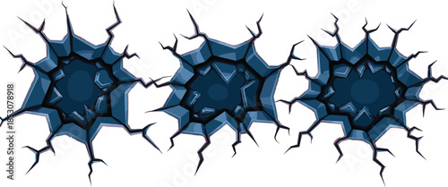 Set, of, three, dark, blue, cracked, ground, holes, with, deep, stone, craters, and, broken, rock, surface, for, game, design, disaster, effect, elements