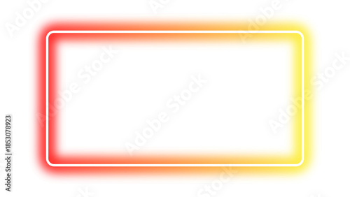 Neon glowing red and yellow gradient rectangular frame. Glowing border with bright futuristic neon effect. Shining laser line effect plate or panel with empty center for mockup. Vector illustration.