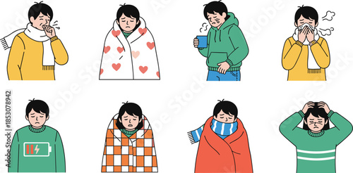 Sick, person, illustration, with, symptoms, coughing, sneezing, fatigue, headache, blanket, tea, cold, vector, content, health, medical, unwell, sickness, flu, virus, recovery, discomfort