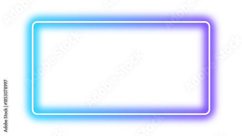 Neon glowing blue and purple gradient rectangular frame. Glowing border with bright futuristic neon effect. Shining laser line effect plate or panel with empty center for mockup. Vector illustration.