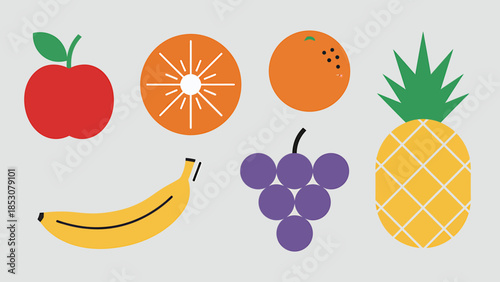 Collection of Fresh and Ripe Fruits, Including Apple, Banana, Grapes, Orange, Pineapple, and Citrus Slice
