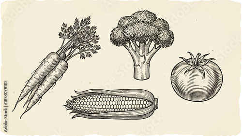 A vintage illustration showcasing a selection of fresh vegetables, including carrots, broccoli, corn, and tomato, rendered in a detailed etching style on a beige background