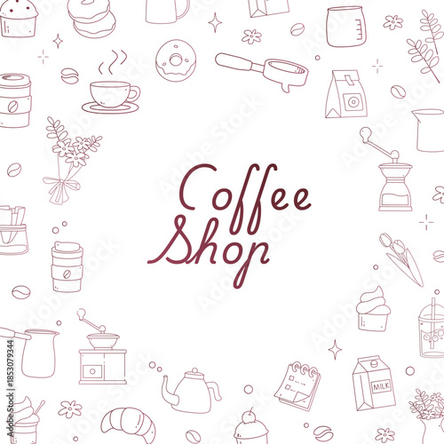 Comprehensive set of hand-drawn minimalist coffee shop doodles featuring a grinder, Moka pot, pastries, donuts, and floral elements with decorative calligraphy.