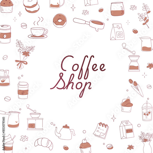 Comprehensive set of hand-drawn minimalist coffee shop doodles featuring a grinder, Moka pot, pastries, donuts, and floral elements with decorative calligraphy.