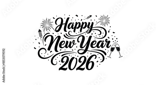 Festive new year calligraphy with sparkling elements and a glass a beautiful silhouette