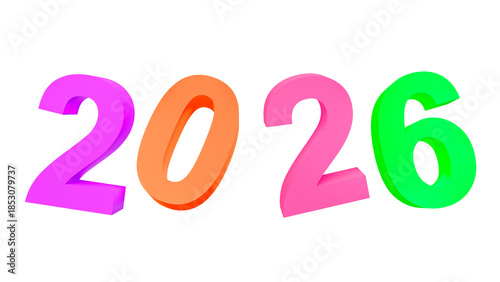 Bright and modern 2026 number in colorful 3D style, isolated object symbolizing future, optimism and new beginnings for celebration and commercial design use.