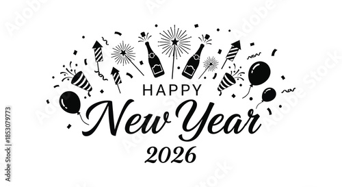 Festive new year celebration with champagne balloons and confetti a dark silhouette