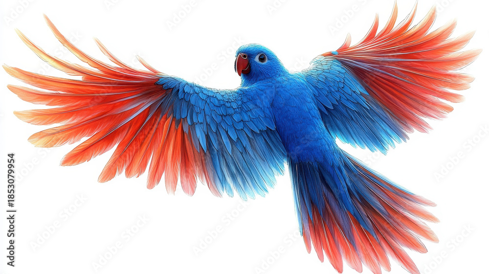 Obraz premium Vibrant Parrot with Blue and Red Feathers in Mid-Flight Display