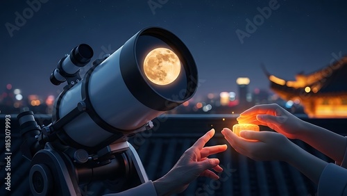 A captivating urban night where Chinese festivals combine modern traditions, blending celestial observation through a powerful telescope with the warm glow of handheld lights