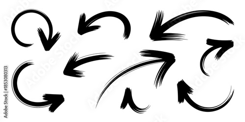 Set of Black Brush Stroke Arrows on Transparent Background