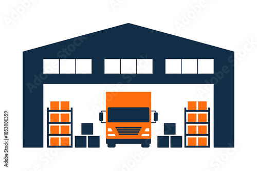 Warehouse interior with delivery truck and storage boxes