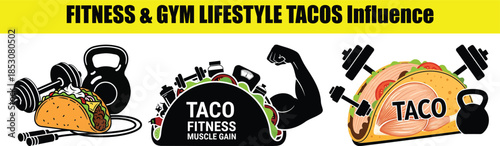 Fitness Gym Lifestyle Tacos Influence With Dumbbells And Kettlebells vector illustration