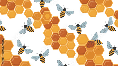 Honeycomb Pattern with Bees Illustration for Nature Design