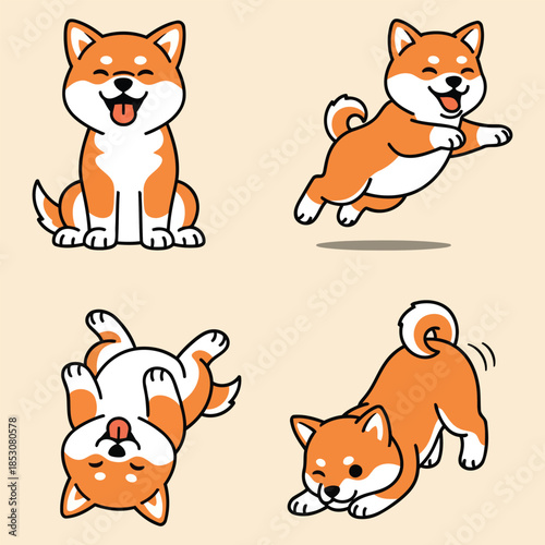 Cute Shiba Inu Dog Poses Vector Illustration Set