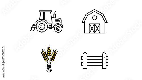 Vector icon set for farming and agriculture, featuring a tractor, barn, wheat, and rustic fence, ideal for rural themes and harvest season designs