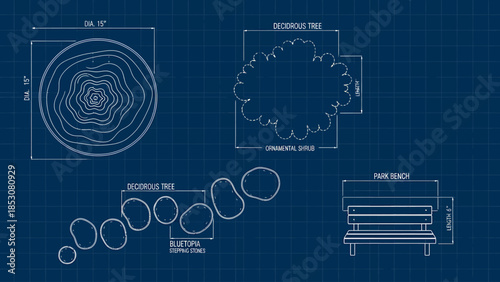 Architectural blueprint of various park elements, detailing outdoor furniture and plant layouts for urban landscape design planning