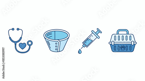 Veterinary equipment icons set stethoscope, cone collar, syringe with medicine, and pet carrier, representing animal care and health services