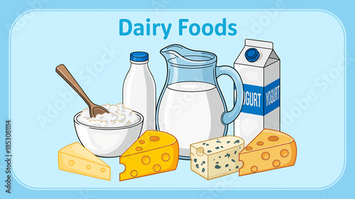Illustration of Various Dairy Foods Including Milk and Cheese