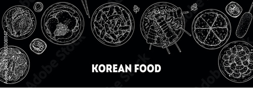 Korean food vector drawing frame. Hand drawn top view Korean food dishes vector sketch illustration. Japchae, kimchi, samgyetang, tteokbokki, odeng, pajeon, corn dog, bulgogi, kimbap