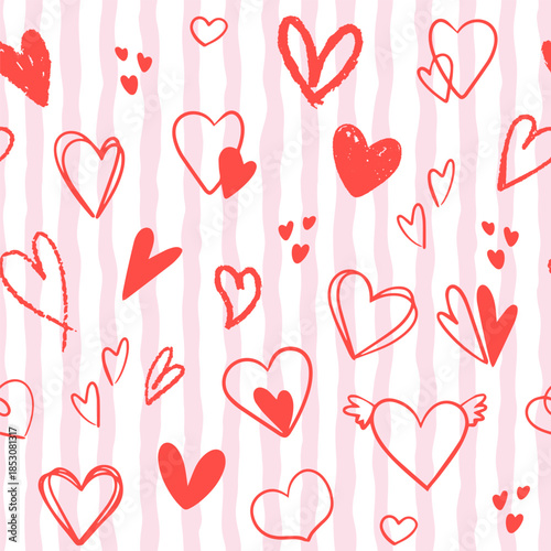Hand drawn Valentine seamless pattern with sketchy hearts on soft pink striped background. Romantic cartoon vector illustration for love themed wrapping paper, cards, textiles Festive holiday decor