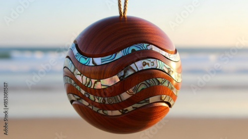 Beautifully crafted wooden ornament with mother of pearl inlays on a rope against a serene beach background at sunset