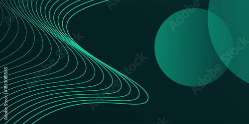 Dark green background with abstract green circles and wave lines modern