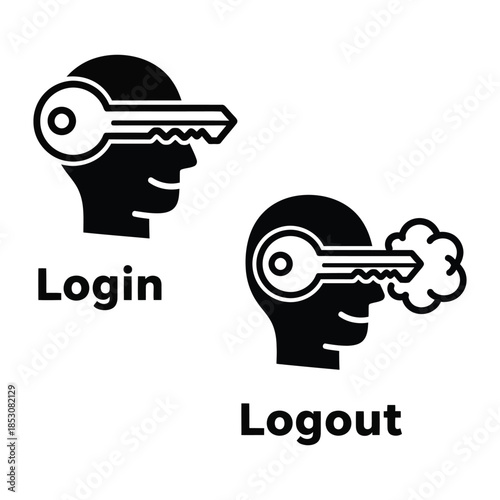 Login and logout icons with silhouette heads and keys