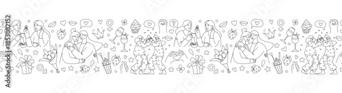Galentines Day Seamless Border Frame Pattern, Women Friendship Line Art Vector Illustration