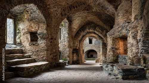 Ancient Castle's Stone Interiors: a striking interior view of a historic stone castle featuring stone architecture.