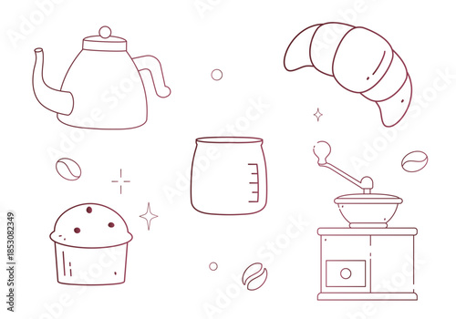 Minimalist hand-drawn doodle collection of coffee shop elements featuring brewing equipment, espresso machines, moka pots, and sweet pastries in a whimsical line art style.